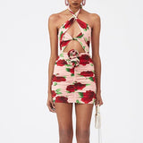 Red Rose Floral Tied Cut Out Floral Halter Dress! Sexy Casual Dress Designer Fashion 2305