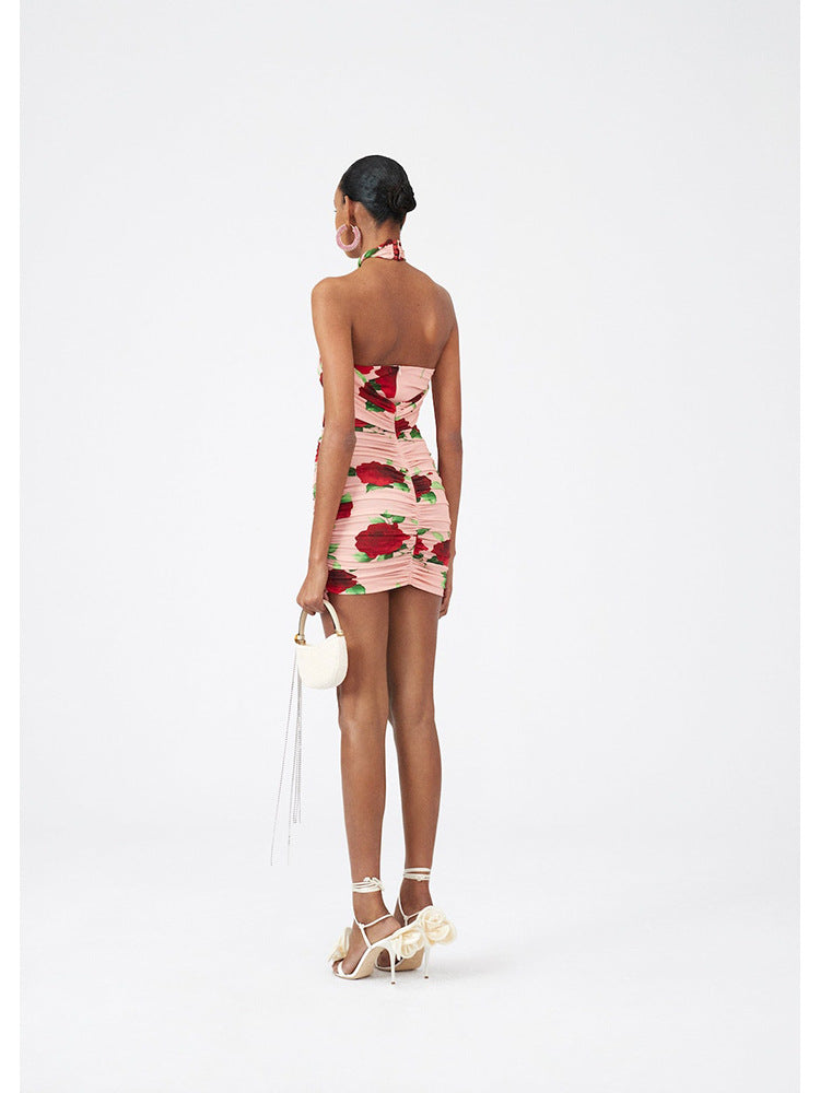 Red Rose Floral Tied Cut Out Floral Halter Dress! Sexy Casual Dress Designer Fashion 2305