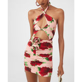 Red Rose Floral Tied Cut Out Floral Halter Dress! Sexy Casual Dress Designer Fashion 2305