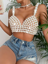 Super Bulky Braided Pearl Beads Crop Tank Top , Bikini Cover Up Tops, Club Wear