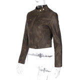 Wild West Distressed Leather Jacket Top Long Sleeve! Sexy  Vegan PU Leather Jacket Top 2308