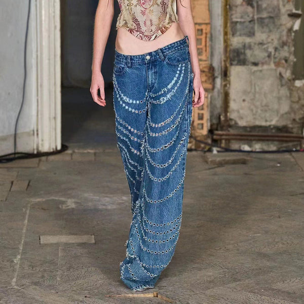 Boho Style Ripped Wide-leg Jeans! American High Waisted  Denim Jeans Femme Bottoms Pants