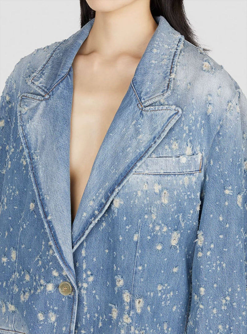 Ripped Denim Jacket Blazer Top ! Chic Top Jeans Jacket Celebrity Fashion 2308