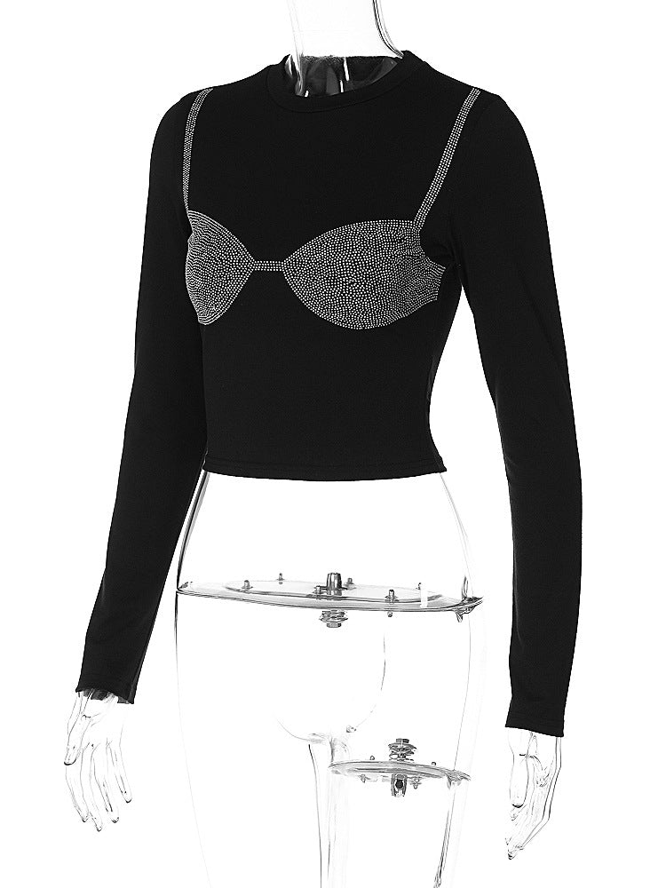 Bra Outside! Shine Bling Bling Crop Tee Long Sleeve Shirt! Top  Sexy Tee Top Celebrity Fashion 2308