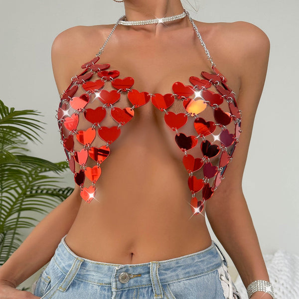 Red Hearts Shaped Plates Crop Halter Tops , Sexy Body Jewelry, Beads Top, Hot ClubWear