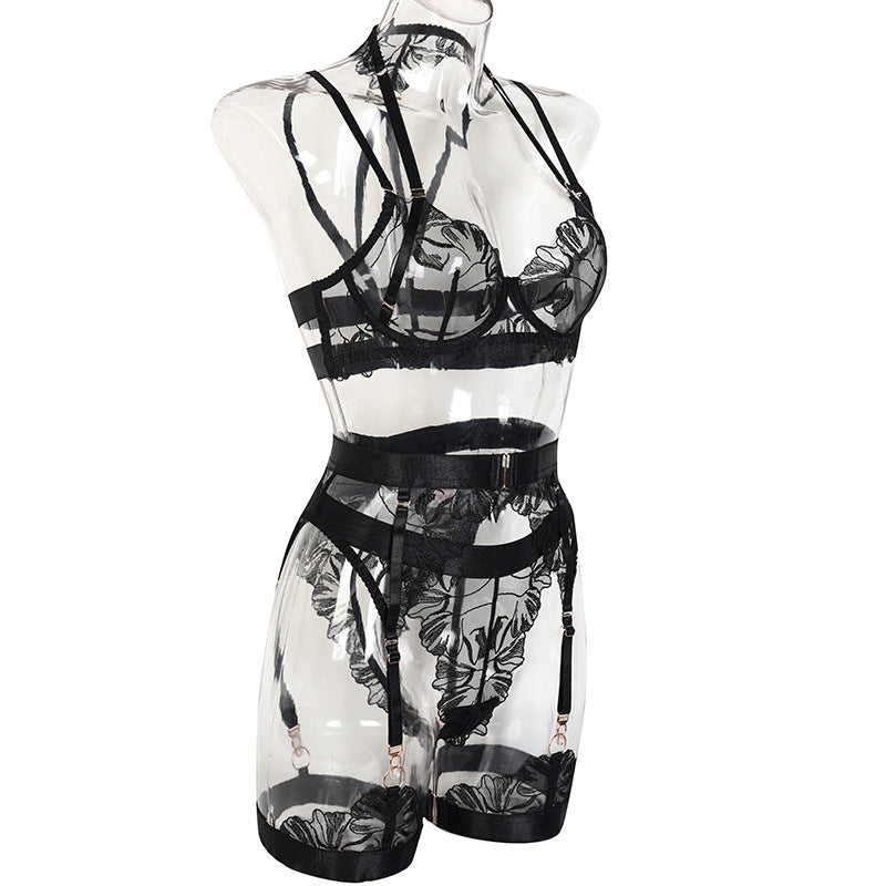 Leaves! Sexy Mesh Lingerie Bra Panty and Garter Skirt 3-Piece Matching Set, Sexy Lingerie Underwear