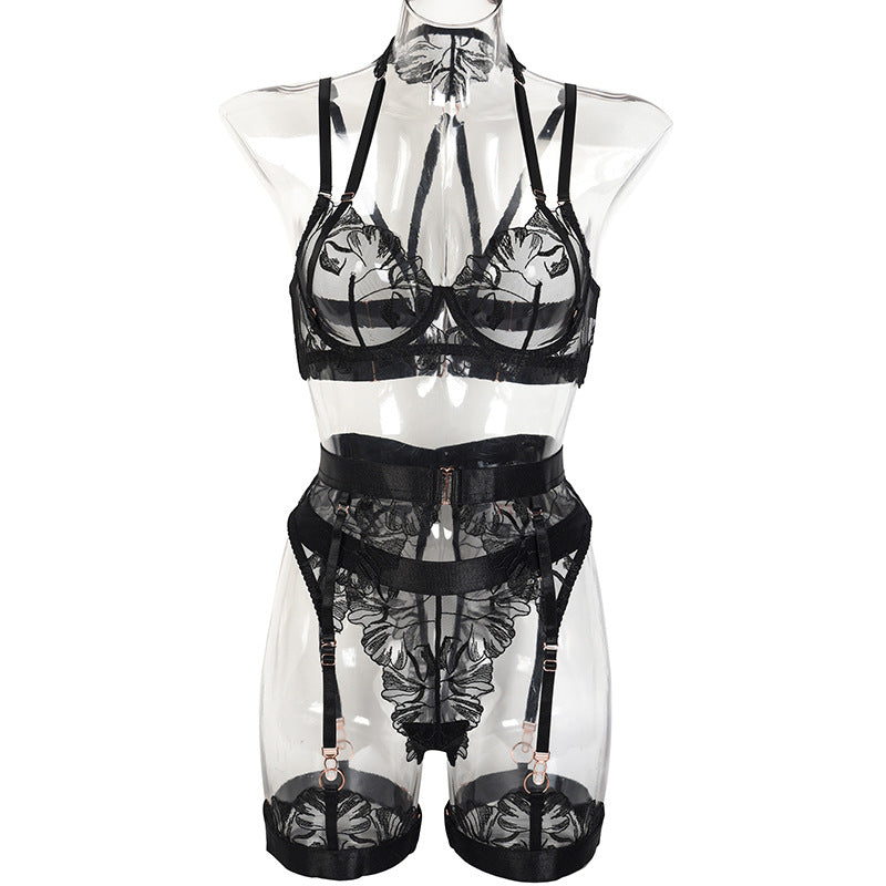 Leaves! Sexy Mesh Lingerie Bra Panty and Garter Skirt 3-Piece Matching Set, Sexy Lingerie Underwear