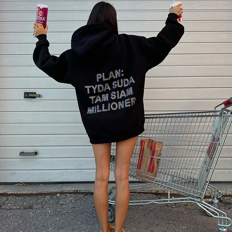 Black Hoodie "Plan Tyda Suda Tam Slam Millioner ..." Loose Fitting Long Sleeve Hooded Sweatshirt Top !