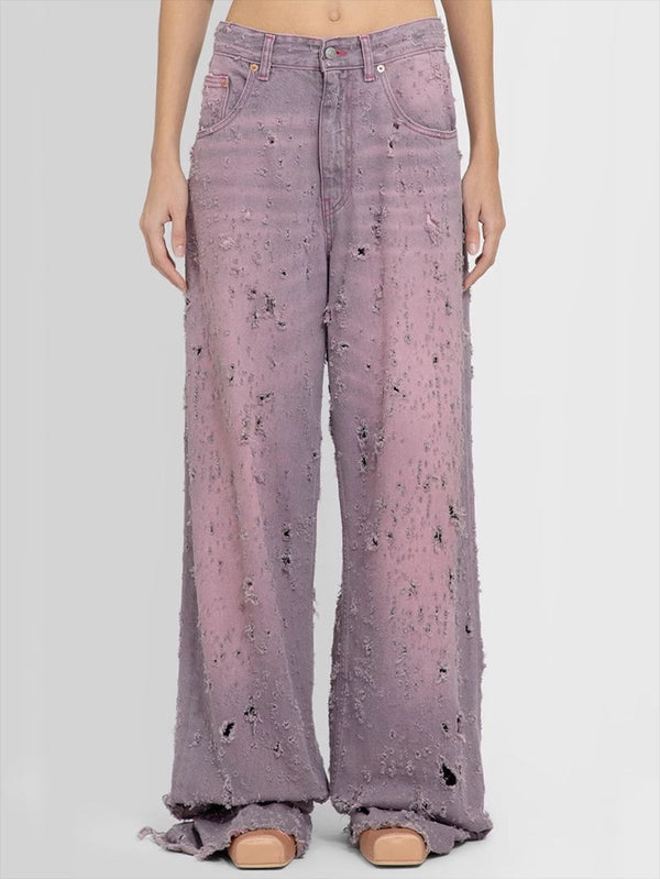 Vintage Pink Ripped Wide-leg Pants! Hot High Waisted  Denim Jeans Femme Bottoms Pants