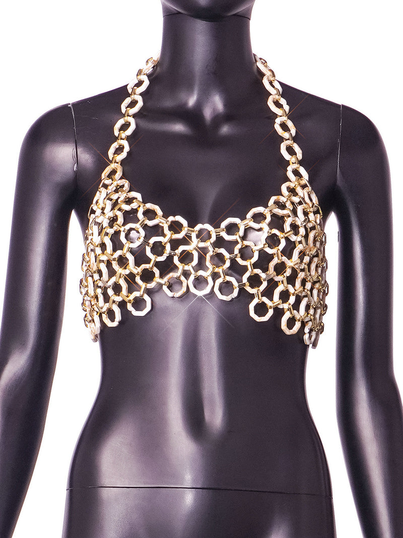 Hand Crafted Shining Sexy Backless Halter Crop Top with Chains, Shining Hot Tops for Club Party