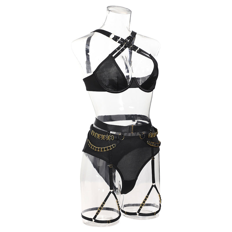 Gold Buckles! Sexy Mesh Lingerie Top Bra Panty and Garter Skirt 3-Piece Matching Set, Sexy Lingerie Underwear