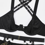 Gold Buckles! Sexy Mesh Lingerie Top Bra Panty and Garter Skirt 3-Piece Matching Set, Sexy Lingerie Underwear