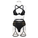 Gold Buckles! Sexy Mesh Lingerie Top Bra Panty and Garter Skirt 3-Piece Matching Set, Sexy Lingerie Underwear