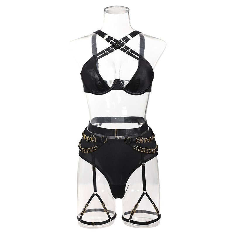 Gold Buckles! Sexy Mesh Lingerie Top Bra Panty and Garter Skirt 3-Piece Matching Set, Sexy Lingerie Underwear