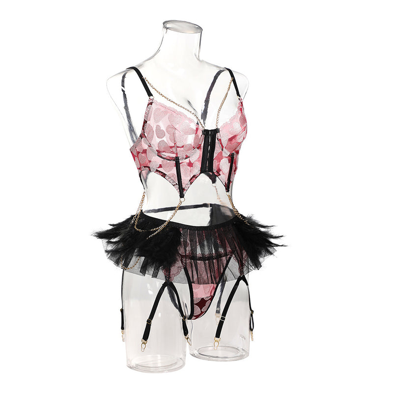 Red Hearts and Feathers! Sexy Lingerie Bra Panty and Garter 3-Piece Matching Set, Sexy Lingerie Underwear