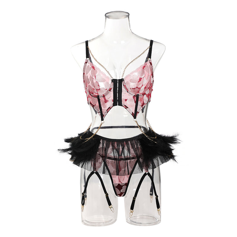 Red Hearts and Feathers! Sexy Lingerie Bra Panty and Garter 3-Piece Matching Set, Sexy Lingerie Underwear