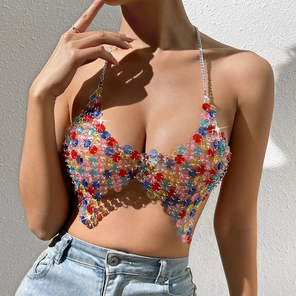 Clear Candy Color Plates Crop Halter Tops Bra , Sexy Body Jewelry, Beads Top, Hot ClubWear 8019