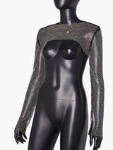 Bling bling Long Sleeve Mesh Crop Top with Shining Rhinestones, Bikini Cover Up Tops, Club Wear