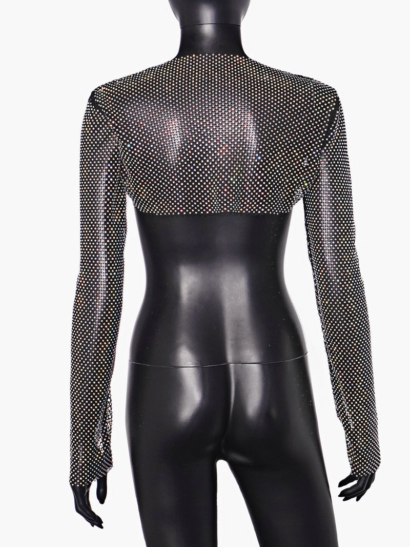 Bling bling Long Sleeve Mesh Crop Top with Shining Rhinestones, Bikini Cover Up Tops, Club Wear