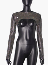 Bling bling Long Sleeve Mesh Crop Top with Shining Rhinestones, Bikini Cover Up Tops, Club Wear