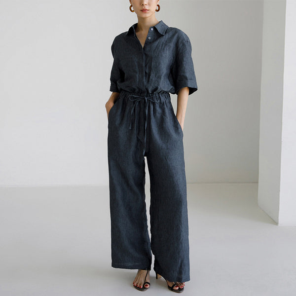 Navy Pure Natural Linen Straight Leg Loose Fitting Jumpsuits Women's Jumpsuit Set!  Casual Fashion 2306