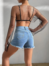 Oversized Black Long Sleeve See-through Fishnet Crop Top with Shining Rhinestones , Bikini Cover Up Tops