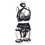 Black Halter Embroidery Floral! Sexy Lingerie Bra Panty and Garter 3-Piece Matching Set, Sexy Lingerie Underwear