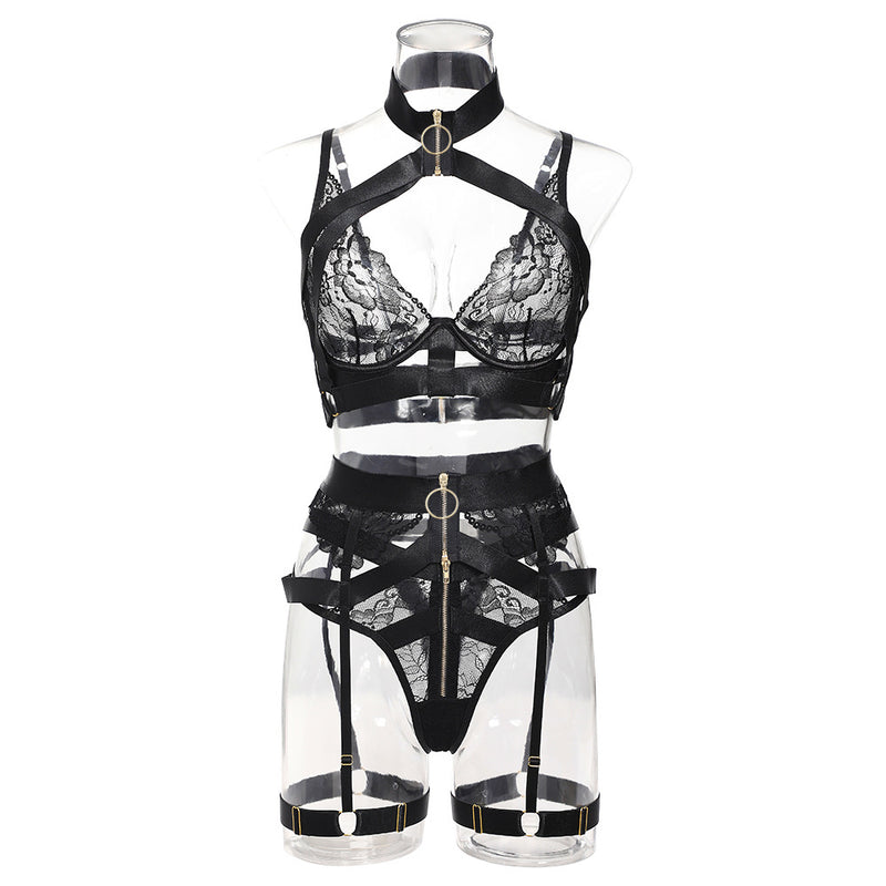 Black Halter Embroidery Floral! Sexy Lingerie Bra Panty and Garter 3-Piece Matching Set, Sexy Lingerie Underwear