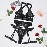 Black Halter Embroidery Floral! Sexy Lingerie Bra Panty and Garter 3-Piece Matching Set, Sexy Lingerie Underwear