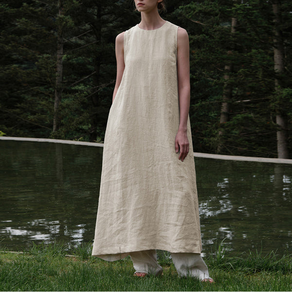 Baggy Sleeveless Solid Color Linen-Cotton Dress!  Comfortable Minimal Shirt Dress loungewear 2305