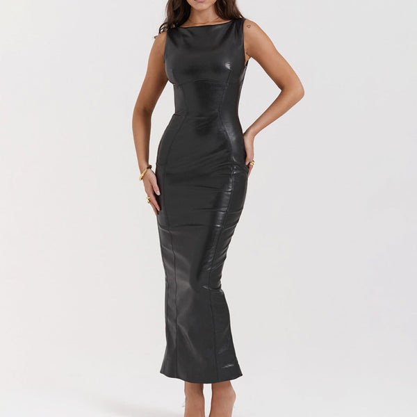 Sleeveless Minimal Slim Fitting Patent Vegan PU Leather Long Dress! Sexy NightClub Dress ashion 2308