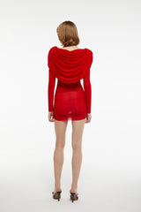 Red Ruffled Hooded Dress! Slim Fitting Hoodie Dress 2311