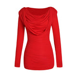 Red Ruffled Hooded Dress! Slim Fitting Hoodie Dress 2311