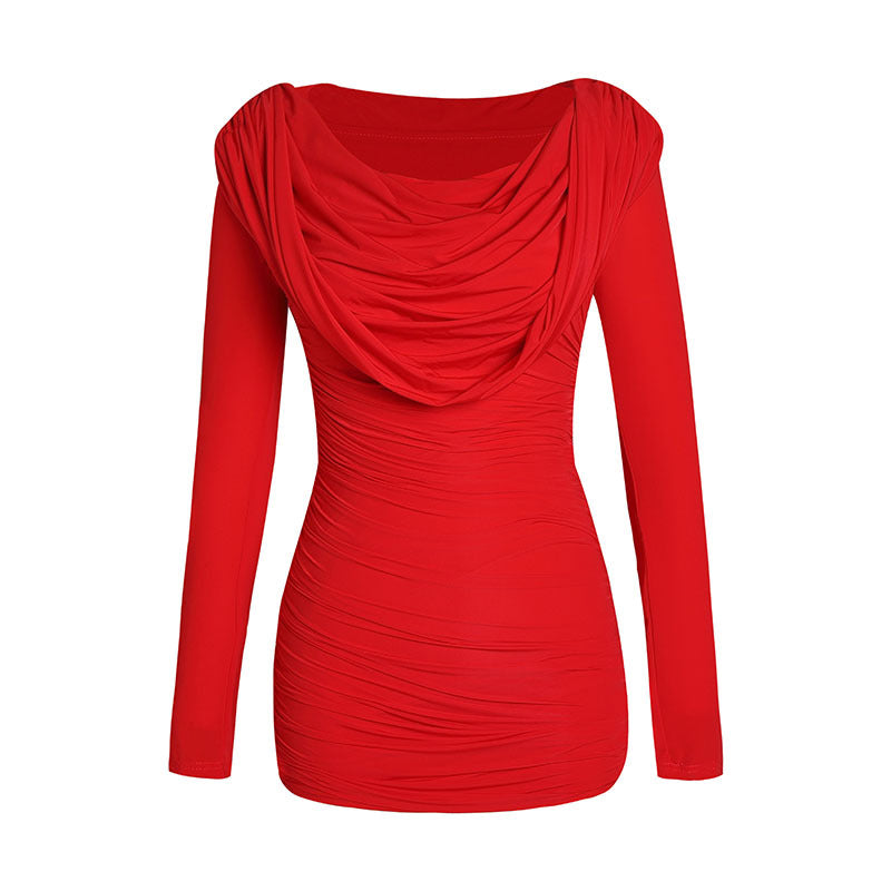 Red Ruffled Hooded Dress! Slim Fitting Hoodie Dress 2311