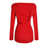 Red Ruffled Hooded Dress! Slim Fitting Hoodie Dress 2311