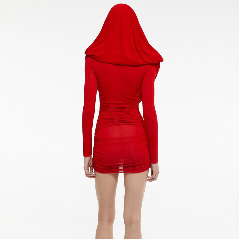 Red Ruffled Hooded Dress! Slim Fitting Hoodie Dress 2311