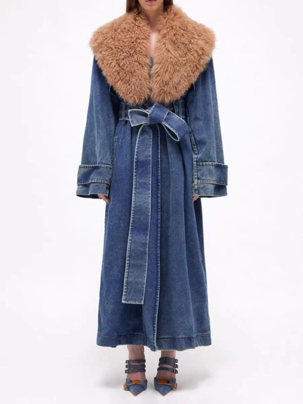 Furry Lapel Winter Warm Blue Jeans Denim Coat! Chic Fall Winter Overcoat Wind Coat 231