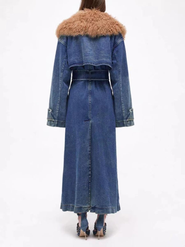 Furry Lapel Winter Warm Blue Jeans Denim Coat! Chic Fall Winter Overcoat Wind Coat 231