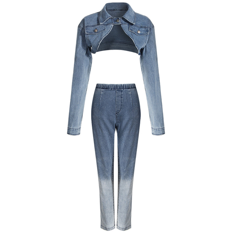 Long Sleeve Jeans Cropped Jacket and Pants! Chic Top Jeans Jacket Celebrity Fashion 2307