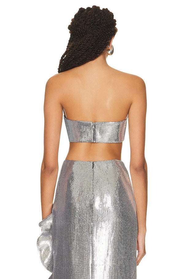 Ruffled Silver Sequins Shine Strapless Crop Top and Skirt 2-Piece Set! Sexy Party Event Hot Fashion 2307