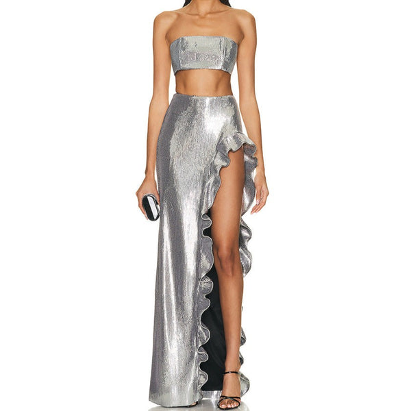 Ruffled Silver Sequins Shine Strapless Crop Top and Skirt 2-Piece Set! Sexy Party Event Hot Fashion 2307