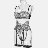 Black Peony Floral Pattern! Sexy Embroidered Lingerie Bra Panty and Garter 3-Piece Matching Set, Sexy Lingerie Underwear