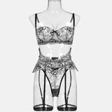 Black Peony Floral Pattern! Sexy Embroidered Lingerie Bra Panty and Garter 3-Piece Matching Set, Sexy Lingerie Underwear