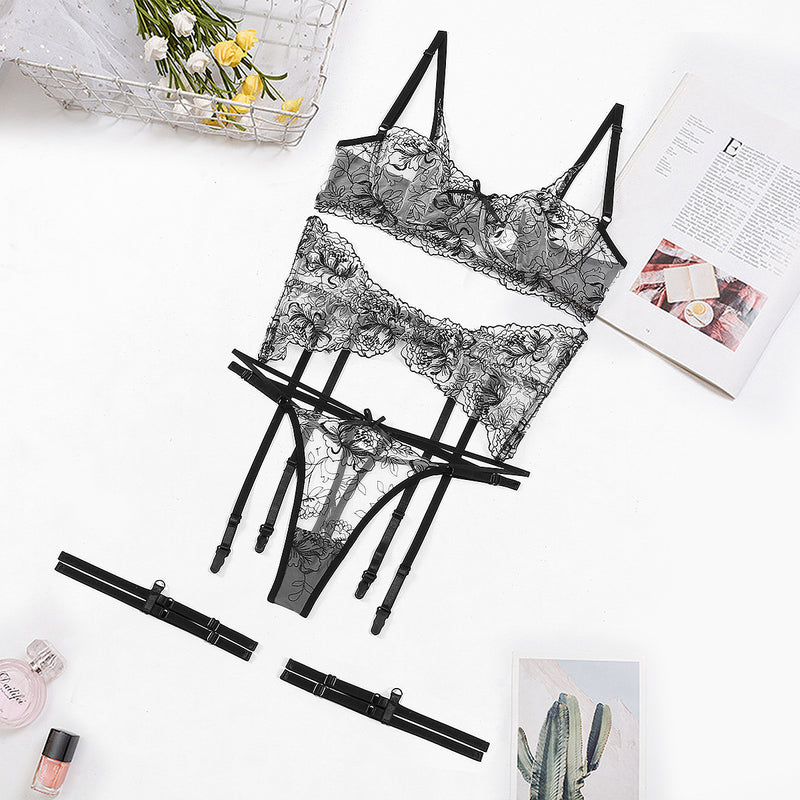 Black Peony Floral Pattern! Sexy Embroidered Lingerie Bra Panty and Garter 3-Piece Matching Set, Sexy Lingerie Underwear