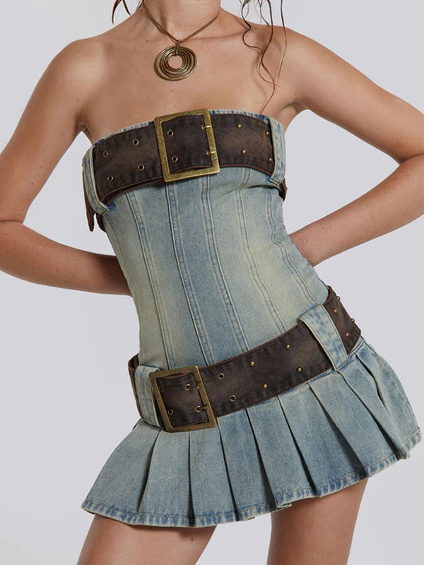 Wild West! Blue Jeans Denim Strapless Dress! Slim Fitting Denim Mini Dress Celebrity Fashion 2304