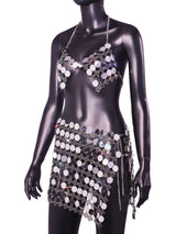 Silver Blingbling Hand Crafted Round and Square Plates Metal Crop Slip Top and Skirt 2-piece Set ! Sexy Hot ClubWear 2307