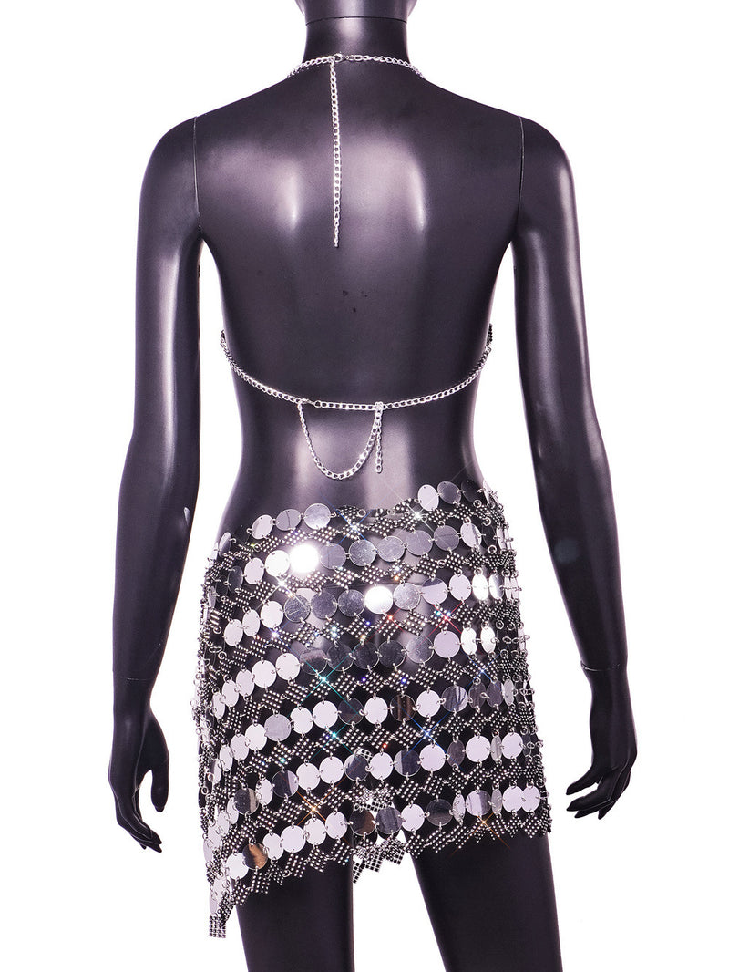 Silver Blingbling Hand Crafted Round and Square Plates Metal Crop Slip Top and Skirt 2-piece Set ! Sexy Hot ClubWear 2307