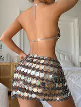 Silver Blingbling Hand Crafted Round and Square Plates Metal Crop Slip Top and Skirt 2-piece Set ! Sexy Hot ClubWear 2307