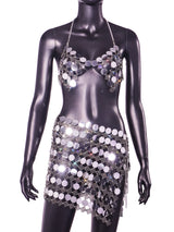 Silver Blingbling Hand Crafted Round and Square Plates Metal Crop Slip Top and Skirt 2-piece Set ! Sexy Hot ClubWear 2307