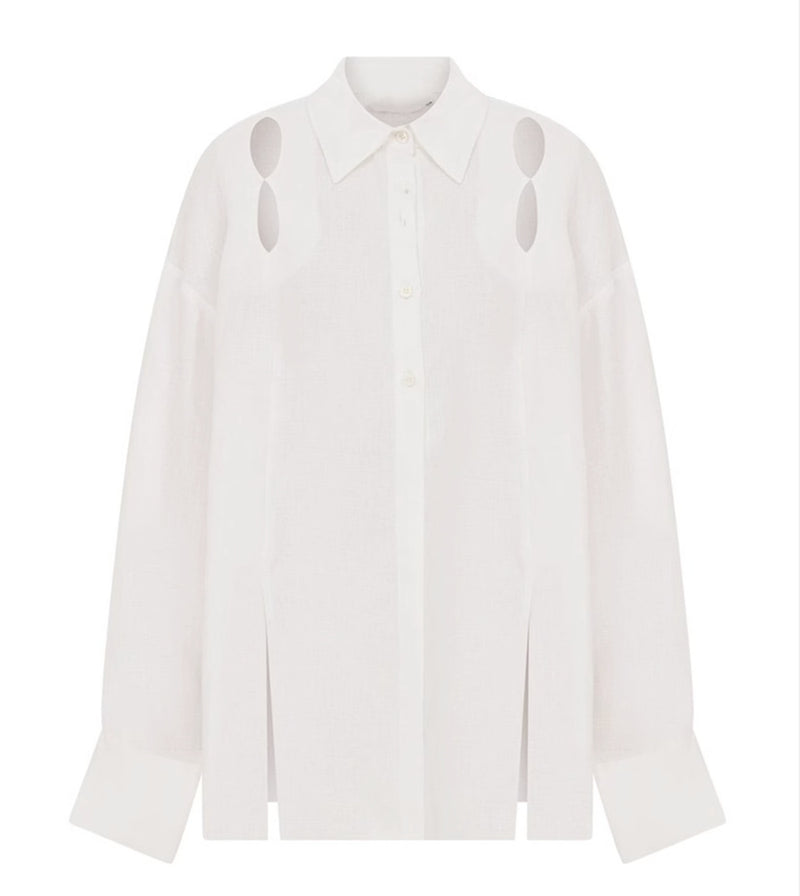 Designer Tencel Cut Out White Blouse Shirt Top ! Office Fashion Shirt dress 2308